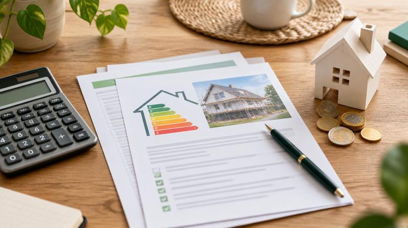 Dossier d'aides à la rénovation énergétique avec calculatrice et maquette de maison