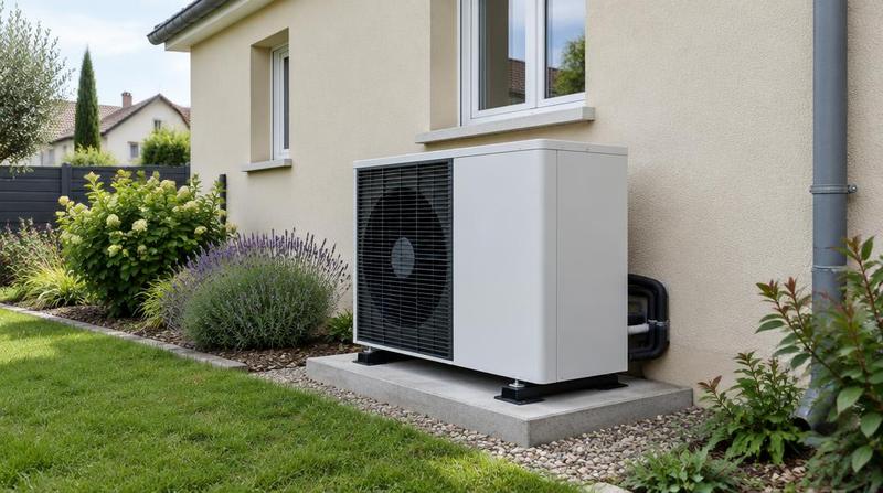 Unité extérieure de pompe à chaleur air/eau installée contre une maison