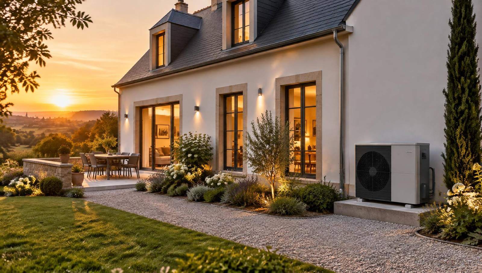 Maison rénovée équipée d'une pompe à chaleur air/eau au coucher du soleil